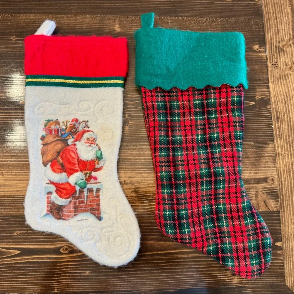 Vintage‎ Felt Santa & Plaid Christmas Stockings Set